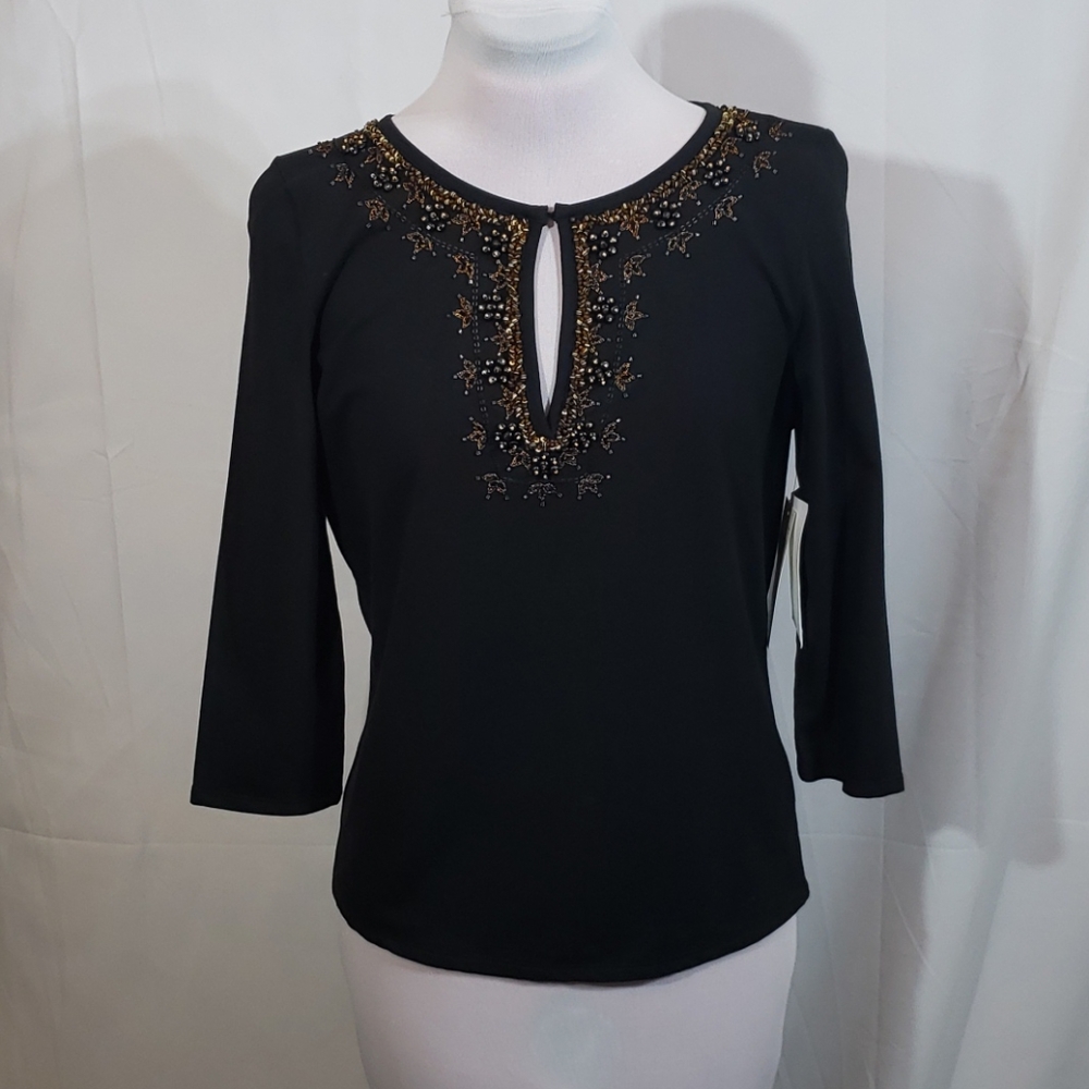 NWT Dana Buchman Black Beaded Keyhole Top Medium